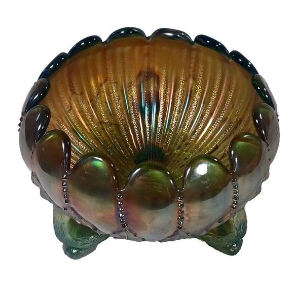 Vintage Northwood Aqua Opal Carnival Glass Leaf & Beads Footed Rose Bowl - Picture 10 of 16